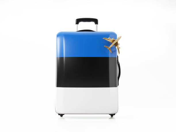 toy airplane and modern luggage textured with estonian flag : travel concept - suitcase flag national flag isolated on white imagens e fotografias de stock