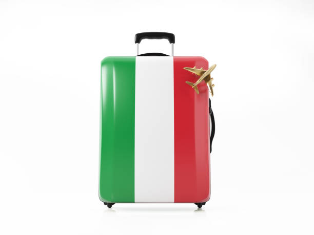 toy airplane and modern luggage textured with italain flag : travel concept - suitcase flag national flag isolated on white imagens e fotografias de stock