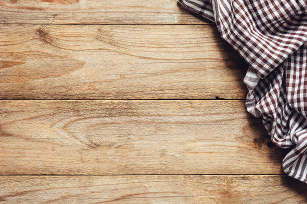 istock Wooden table background with textile. Food background 862567112