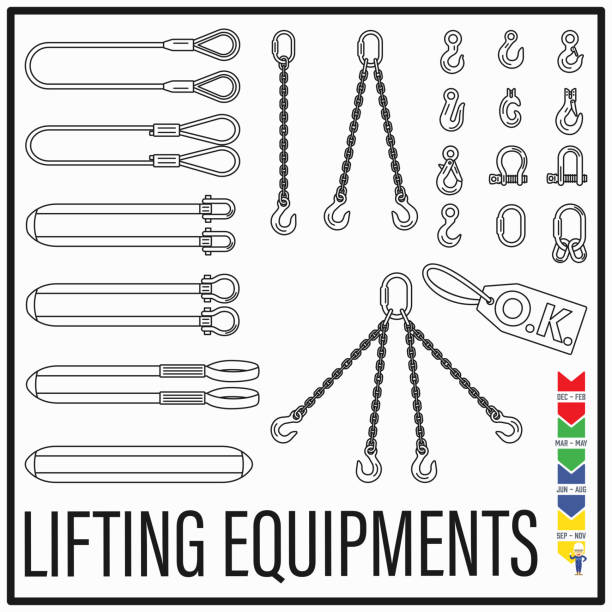 illustrazioni stock, clip art, cartoni animati e icone di tendenza di set di ingranaggi di sollevamento e attrezzature di sollevamento linea icone stile nel nuovo design moderno semplice. - arm sling