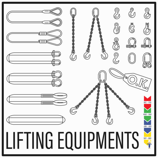 Set of lifting gears and lifting equipments line icons style in new modern simple design. Set of lifting gears and lifting equipments line icons style in new modern simple design. hook equipment stock illustrations