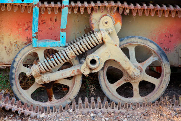 Close-up view of the wheels and chain of a rusty old military tank