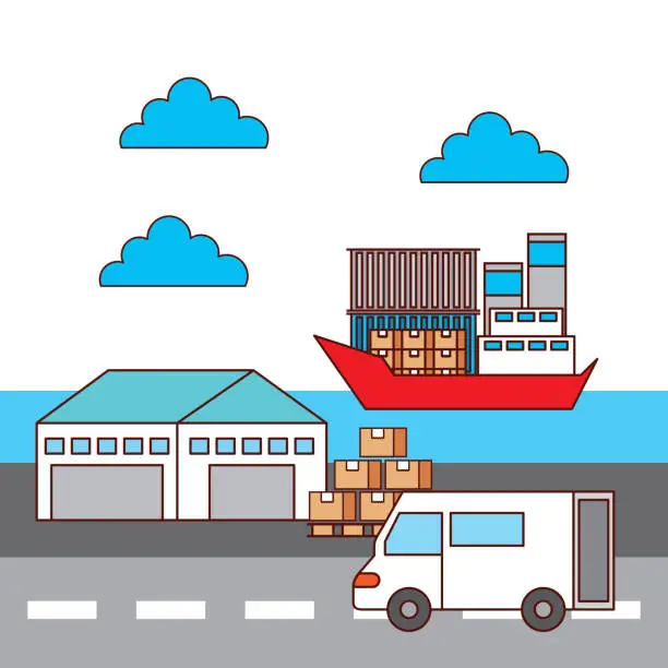 Vector illustration of warehouse van car and ship logistic transport