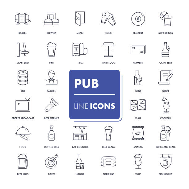 ilustraciones, imágenes clip art, dibujos animados e iconos de stock de conjunto de iconos de línea. pack de pub. - bartender