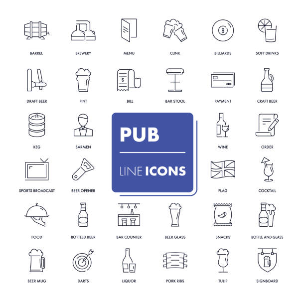 Line icons set. Pub pack. Line icons set. Pub pack. Vector illustration with beer and other alcohol and food element with english style. pub stock illustrations