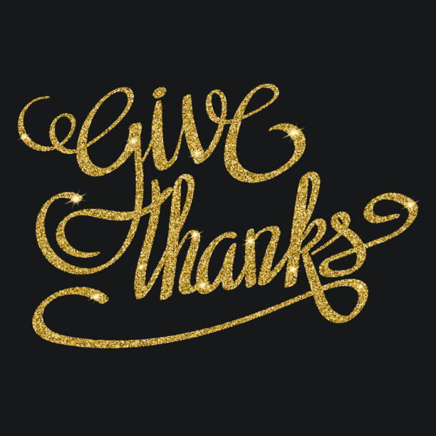 Happy thanksgiving day greeting card with hand lettering Happy thanksgiving day greeting card with gold glittering hand lettering on black background. Give thanks three-dimensional volumetric text with shadow free thanksgiving pic stock illustrations