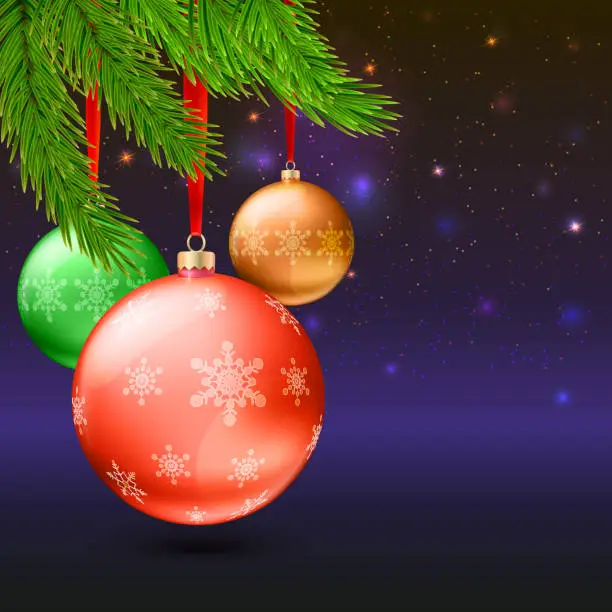 Vector illustration of Christmas balls, green fir branches and bright background