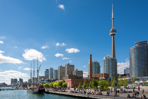 Toronto, Canada - July 1st, 2023: The CN Tower is an iconic landmark and one of the most recognizable structures in Toronto, Canada.