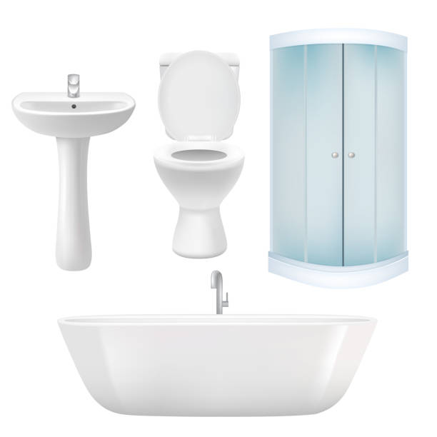 Vector realistic bathroom icon set Vector bathroom icon set. Realistic illustration of bathtub, corner shower cabin, washbasin, toilet. bathroom sink stock illustrations
