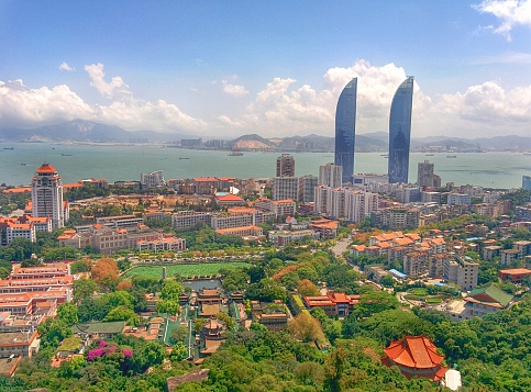 View of xiamen university and twin towers word trade strait building