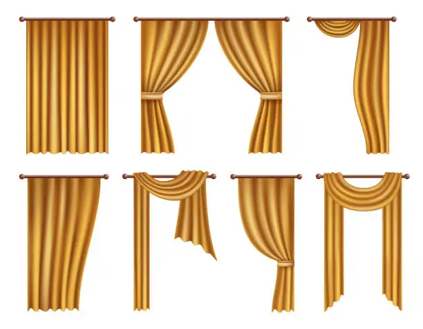 Vector illustration of Vector realistic golden window curtains and drapes set
