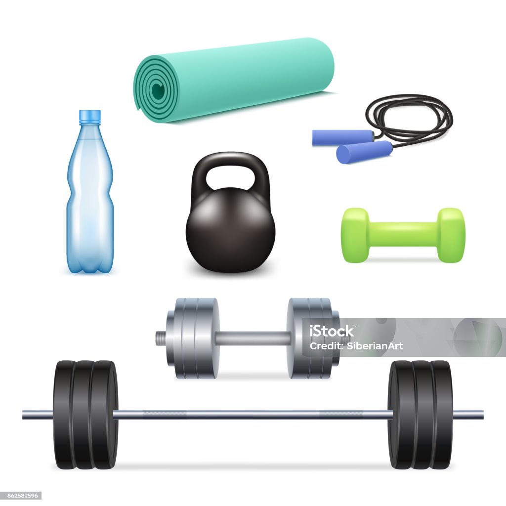 Vector realistic gym icon set Vector gym icon set. Realistic 3d illustration isolated on white background. Gym stock vector