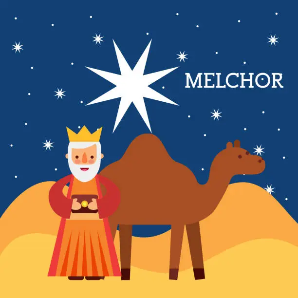Vector illustration of melchor wise king nad camel wise king manger character bringing gift to jesus