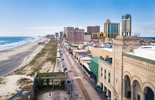 Atlantic City: Atlantic city boardwalk aerial view. Boardwalk is the hub of casinos, restaurants and travel spots