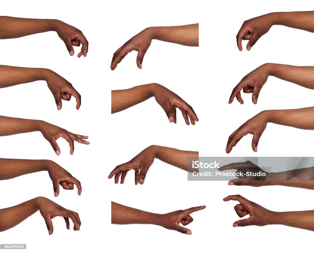 Conjunto de manos de hombre negro. Macho mano recogiendo algo - Foto de stock de Mano libre de derechos
