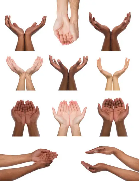 Black and white hands holding or offering something, isolated on white background. Open palms of multiethnic men, handful gesture. Set of hands.