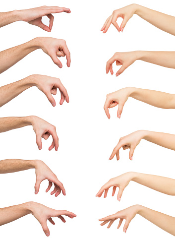 Taking, measuring. Set of caucasian male and female hands grab some items. Isolated at white background