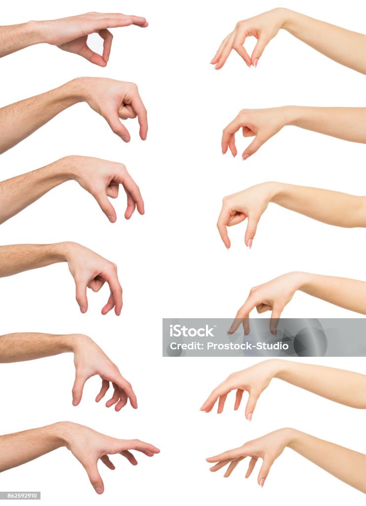 Set of white man and woman hands. Hand picking up something Taking, measuring. Set of caucasian male and female hands grab some items. Isolated at white background Hand Stock Photo