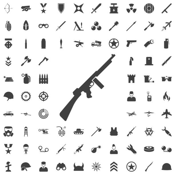 ilustrações de stock, clip art, desenhos animados e ícones de machine gun grey icon. - gun rifle weapon ak 47