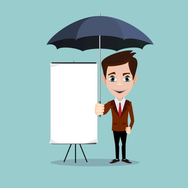 ilustrações de stock, clip art, desenhos animados e ícones de young men with a poster and umbrella - umbrella men business businessman