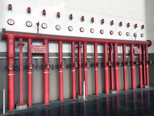 istock fire hydrant system composed of red iron fire pipe, Switch for water, sprinkler alarm and fire alarm. 862605626