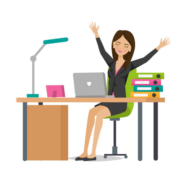 ilustrações, clipart, desenhos animados e ícones de menina de um trabalhador de escritório se alegra em sucesso, repousa - god office cartoon computer