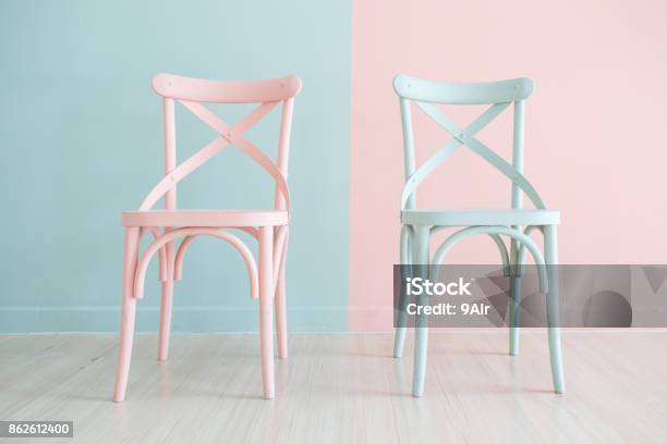 Vintage Wooden Chair Painted Two Tone Stock Photo - Download Image Now - Chair, Furniture, Paint