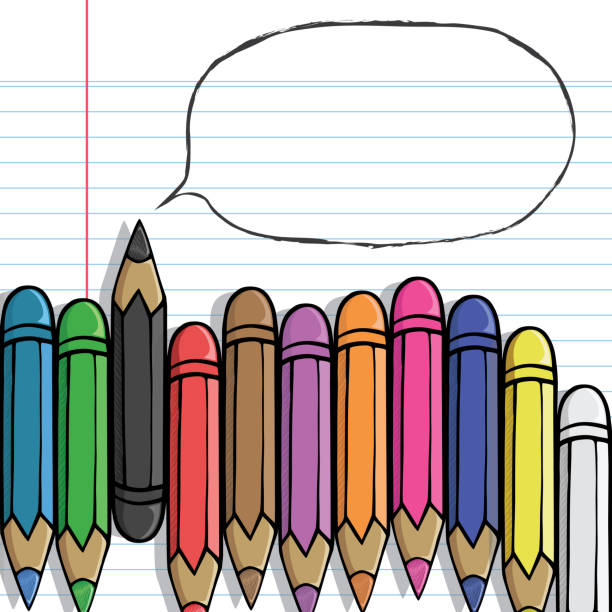 istock Color pencils with speech bubble. Drawing of stationery on notebook paper in doodle style. 862616508