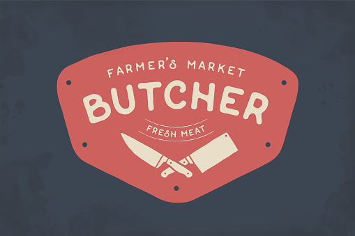 Label of Butcher meat shop with Cleaver and Chefs knives, text The Butcher Farmer Market, Fresh Meat. Label template for meat business - shop, market, restaurant or graphic design. Vector Illustration