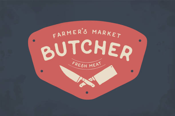 Label of Butcher meat shop Label of Butcher meat shop with Cleaver and Chefs knives, text The Butcher Farmer Market, Fresh Meat. Label template for meat business - shop, market, restaurant or graphic design. Vector Illustration butchers shop illustrations stock illustrations