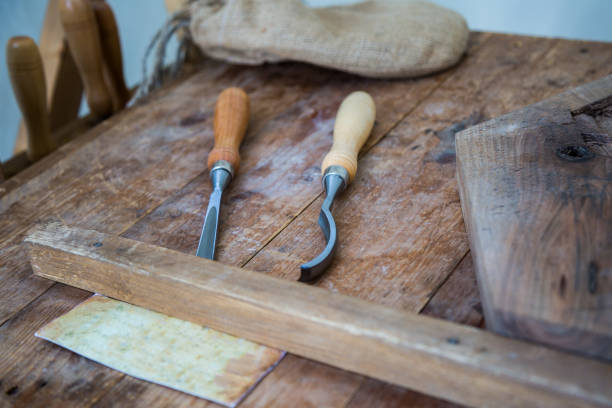 istock Chisel and Cutting Wood Equipment on Wooden Plank 862620330