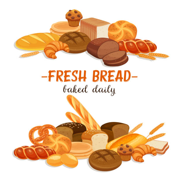 ilustrações, clipart, desenhos animados e ícones de banner com produtos de pão - pastry croissant isolated bakery