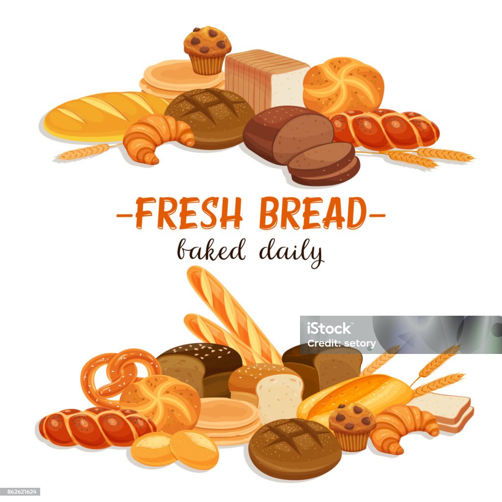 Banner with bread products Banner with bread products. Rye bread and pretzel, muffin, pita, ciabatta and croissant, wheat and whole grain bread, bagel, toast , french baguette for design menu bakery. Bread stock vector