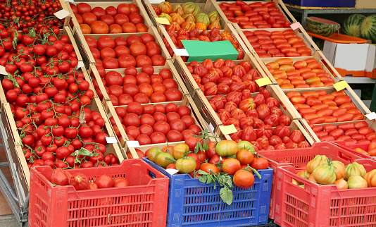 Many ripe red tomatoes in the boxes on sale in the grocery store in summer