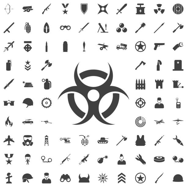 значок символа биоопасной опасности - radiation protection suit biology danger biochemical warfare stock illustrations