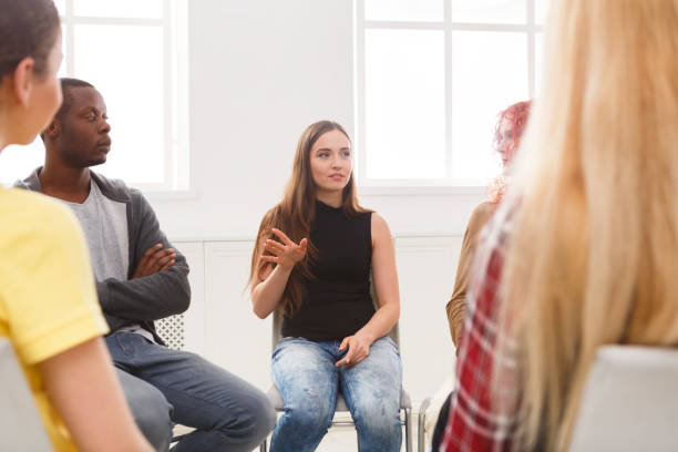 istock Meeting of support group, therapy session 862628924