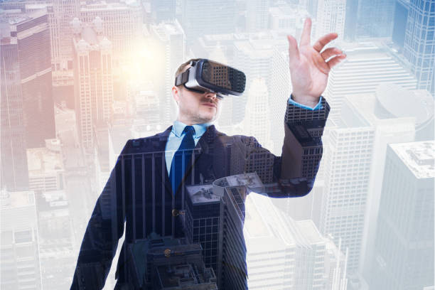 istock Stocky man in suit testing new VR headset 862629692