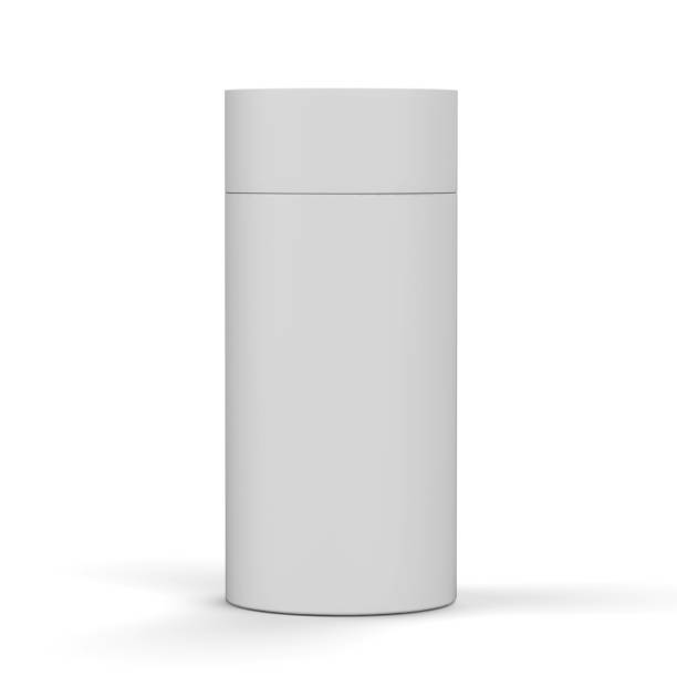 em branco pacote de produto papelão branco, caixa redonda de recipiente para simulação acima e modelo de design. ilustração 3d - single object cardboard paper box - fotografias e filmes do acervo