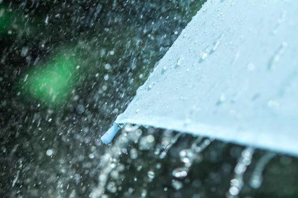 istock selective focus for close up a part of umbrella which has Rain drops falling , shallow DOF 862634058