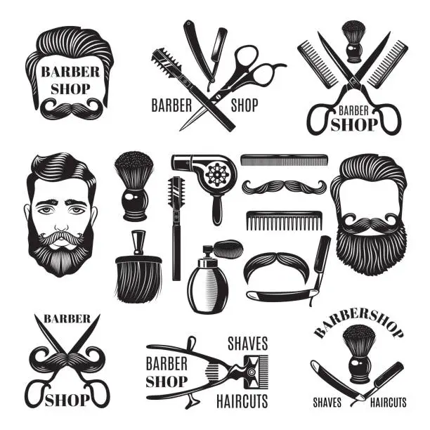 Vector illustration of Monochrome pictures of barber shop tools. Vector illustrations for labels