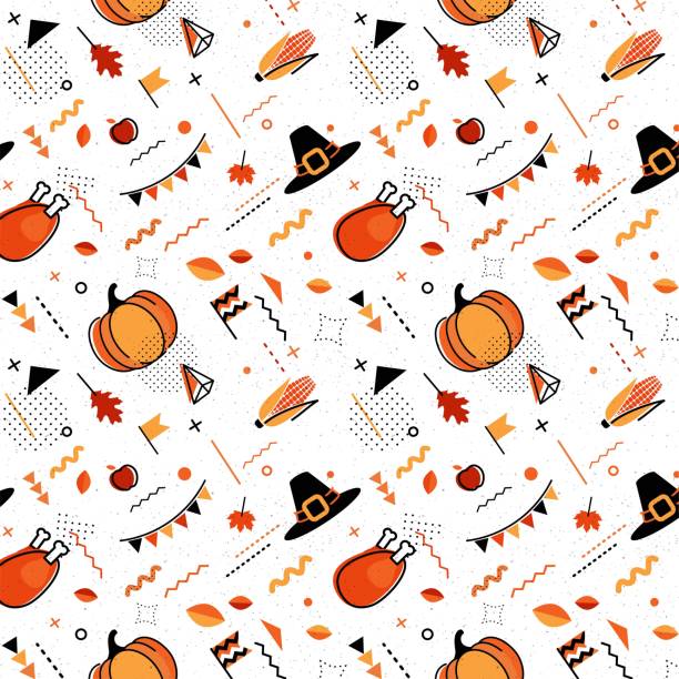 Happy thanksgiving abstract background in 80s style. Happy thanksgiving abstract background in 80s style. Seamless pattern for posers and cards with holiday symbols. Vector illustration thanksgiving live wallpaper stock illustrations