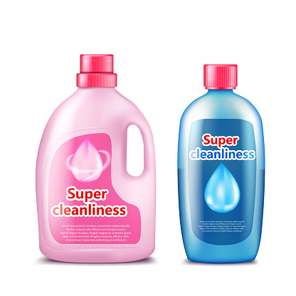 Branded household chemicals pink and blue plastic bottles with brand information realistic vector template isolated on white background. Detergent, toilet cleaner, liquid soap, stain remover mockup