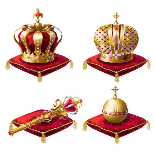 Royal crowns, scepter and orb realistic vector set Golden royal crowns, scepter with gem stone and globus cruciger lying on  red  ceremonial pillow with tassels realistic vector illustrations set isolated on white background. Symbols of monarchy power sceptre stock illustrations