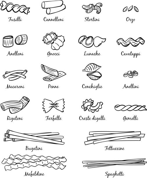 클래식 이탈리아 요리의 선형 사진입니다. 파스타의 종류 - 나비 넥타이 파스타 stock illustrations