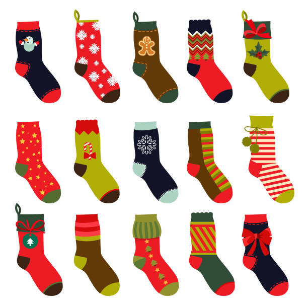 illustrazioni stock, clip art, cartoni animati e icone di tendenza di set di calzini natalizi. illustrazioni vettoriali in stile piatto - sock wool multi colored isolated