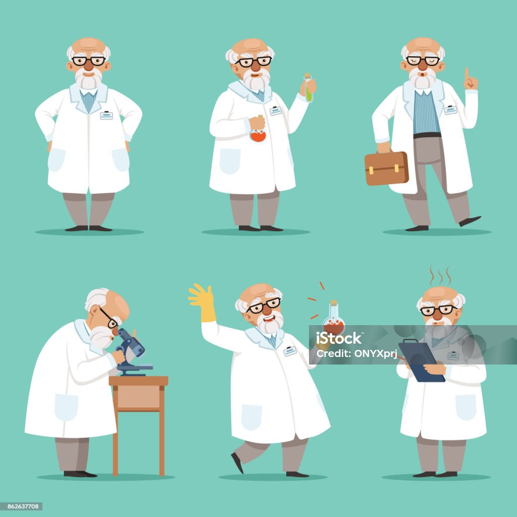 Character of old scientist or chemist. Mascot design of crazy professor. Male teacher. Vector pictures set Character of old scientist or chemist. Mascot design of crazy professor. Male teacher. Vector pictures set. Chemist and scientist professor, experiment and science illustration Scientist stock vector