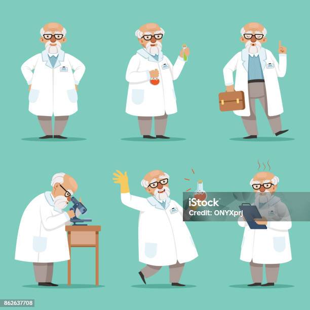 Character Of Old Scientist Or Chemist Mascot Design Of Crazy Professor Male Teacher Vector Pictures Set Stock Illustration - Download Image Now