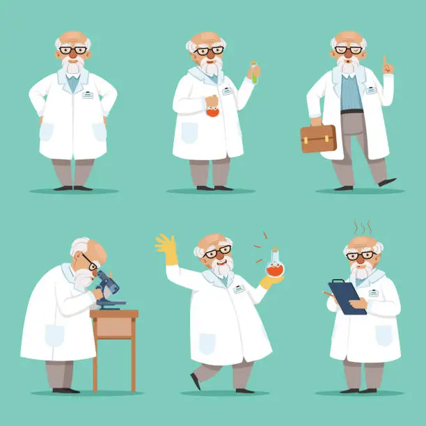 Vector illustration of Character of old scientist or chemist. Mascot design of crazy professor. Male teacher. Vector pictures set