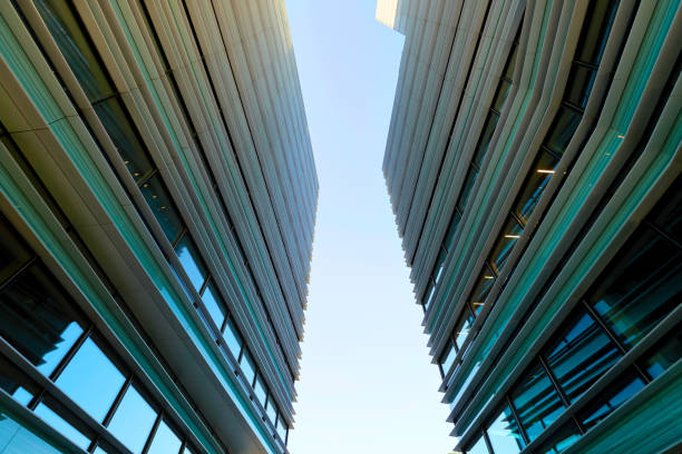 istock Low angle with modern futuristic steel and glass skyscraper architecture 862638360