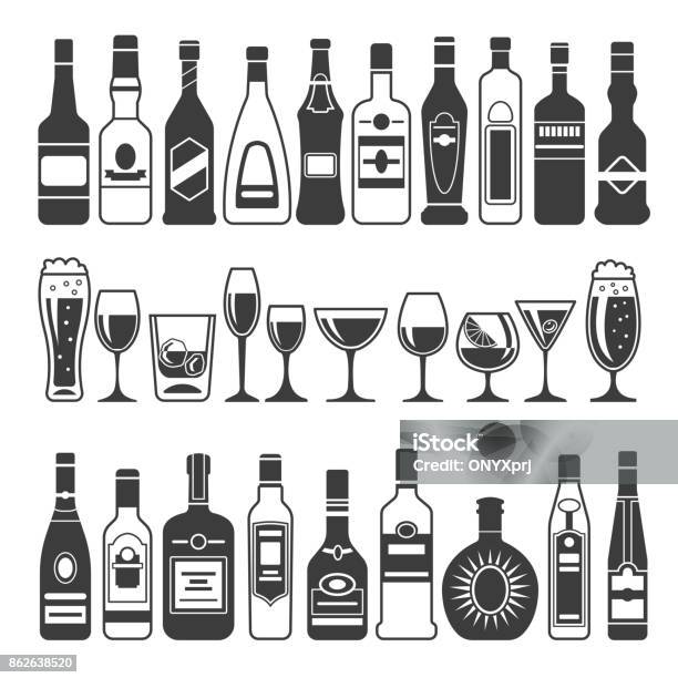 Vetores de Ilustrações Monocromáticas Preto Fotos De Garrafas De Bebidas Alcoólicas Ilustrações Vetoriais Para O Ícone Ou Rótulo Design e mais imagens de Garrafa